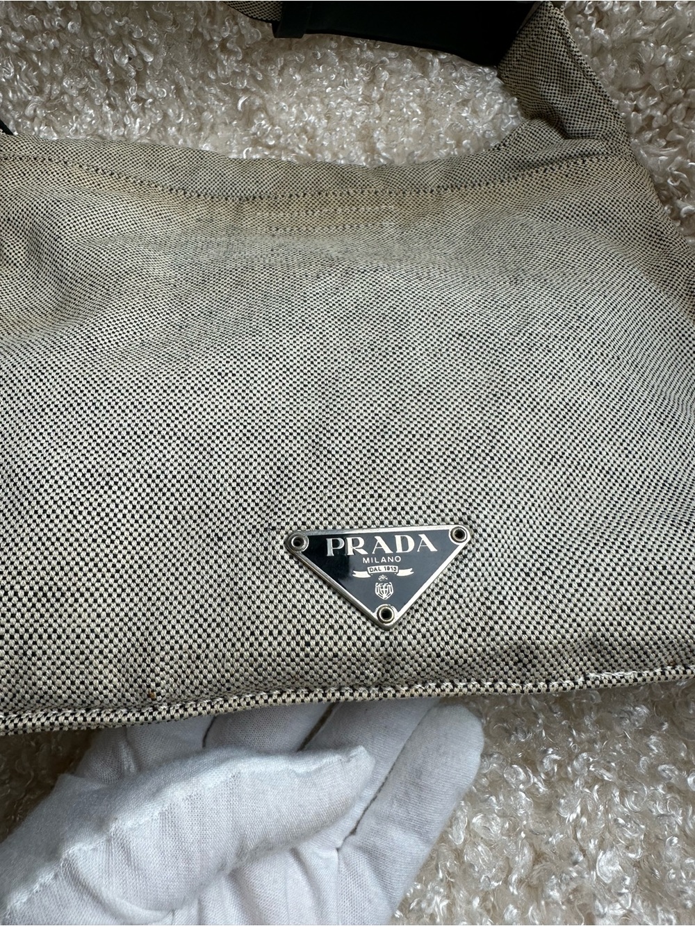 PRADA Vintage Triangle Logo Grey Cotton  Mini Messenger Bag Sidebag - Picture 4 of 12